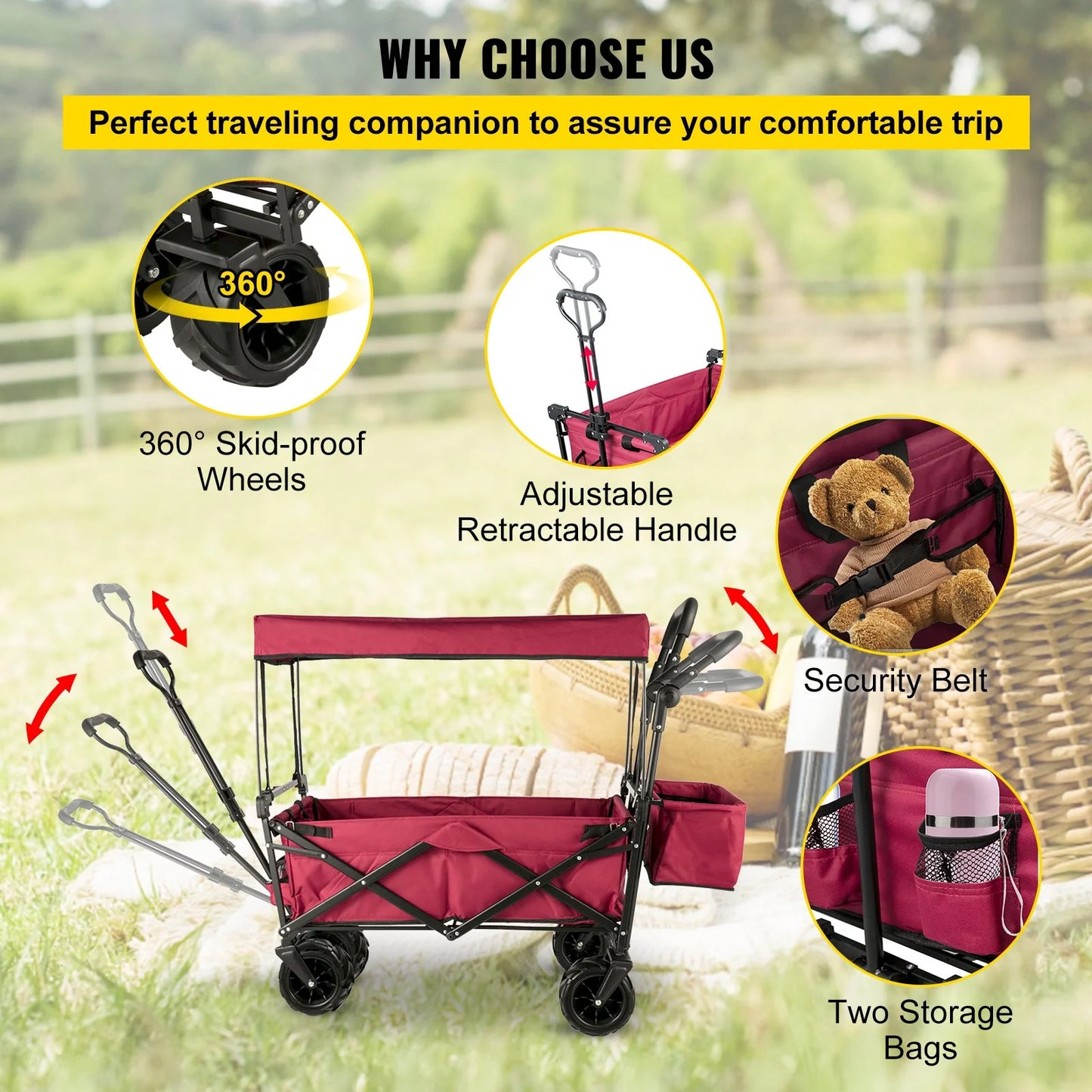 VEVOR Extra Large Collapsible Garden Cart with Removable Canopy and Rear Storage, Versatile Folding Utility Wagon for Gardening, Camping, and Grocery Shopping, Red