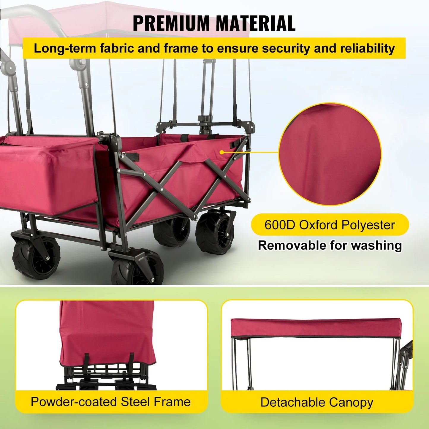 VEVOR Extra Large Collapsible Garden Cart with Removable Canopy and Rear Storage, Versatile Folding Utility Wagon for Gardening, Camping, and Grocery Shopping, Red