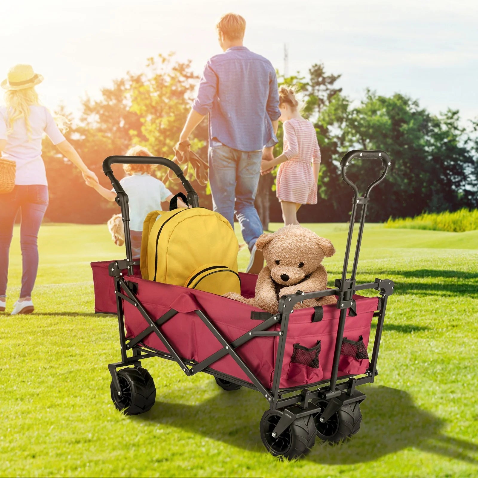 VEVOR Extra Large Collapsible Garden Cart with Removable Canopy and Rear Storage, Versatile Folding Utility Wagon for Gardening, Camping, and Grocery Shopping, Red