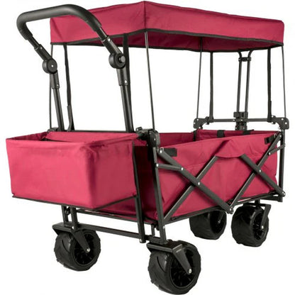 VEVOR Extra Large Collapsible Garden Cart with Removable Canopy and Rear Storage, Versatile Folding Utility Wagon for Gardening, Camping, and Grocery Shopping, Red