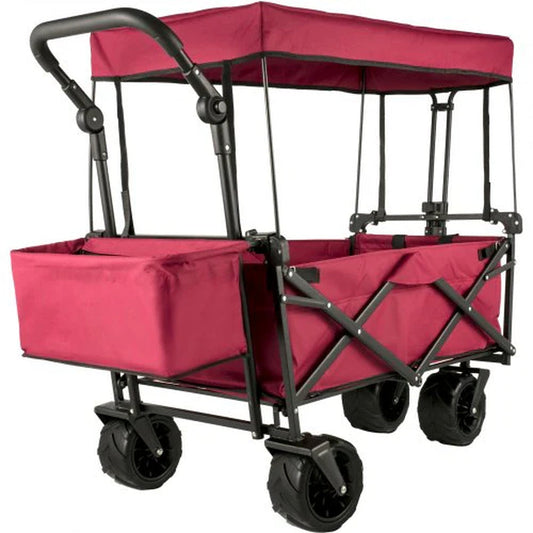 VEVOR Extra Large Collapsible Garden Cart with Removable Canopy and Rear Storage, Versatile Folding Utility Wagon for Gardening, Camping, and Grocery Shopping, Red
