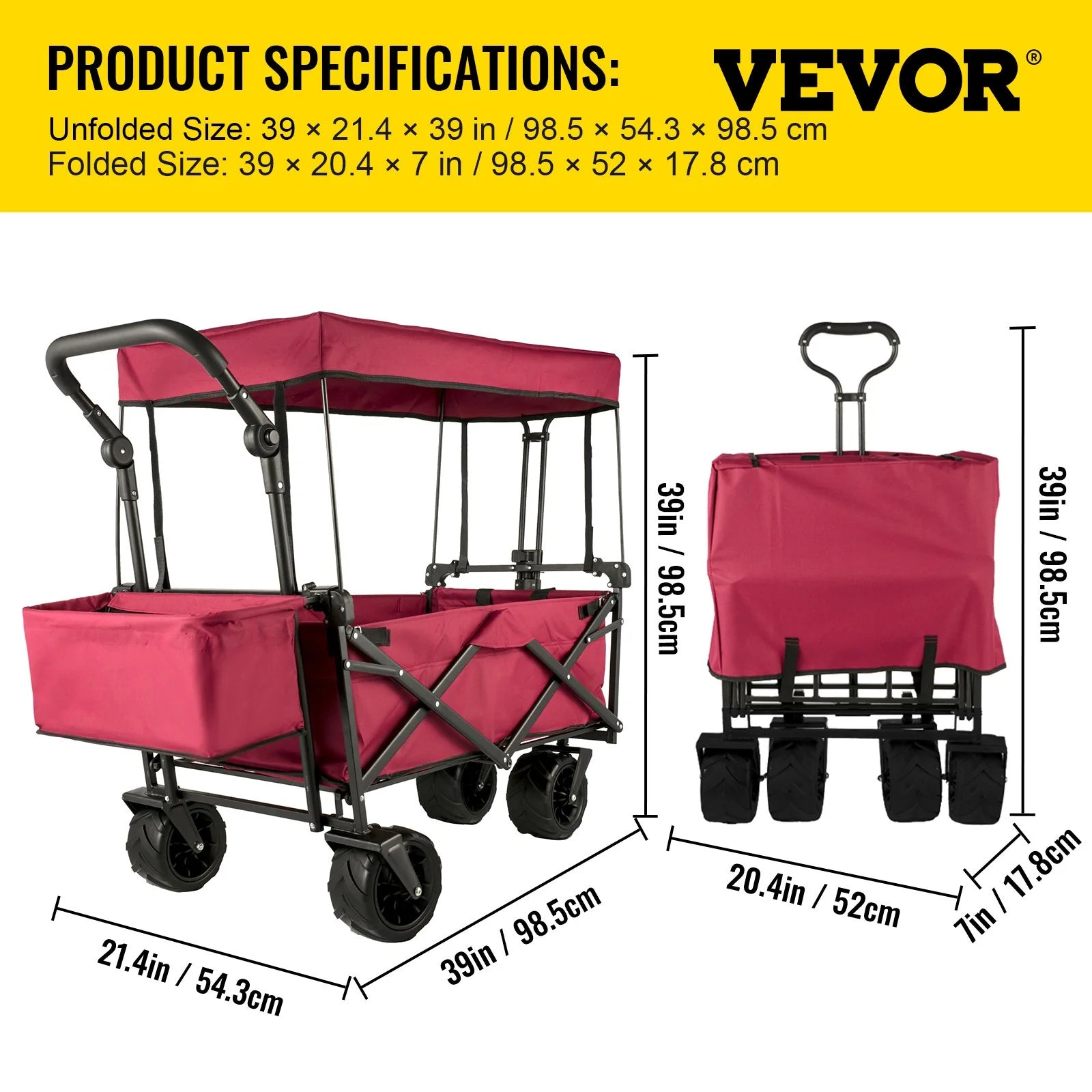 VEVOR Extra Large Collapsible Garden Cart with Removable Canopy and Rear Storage, Versatile Folding Utility Wagon for Gardening, Camping, and Grocery Shopping, Red