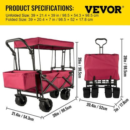 VEVOR Extra Large Collapsible Garden Cart with Removable Canopy and Rear Storage, Versatile Folding Utility Wagon for Gardening, Camping, and Grocery Shopping, Red