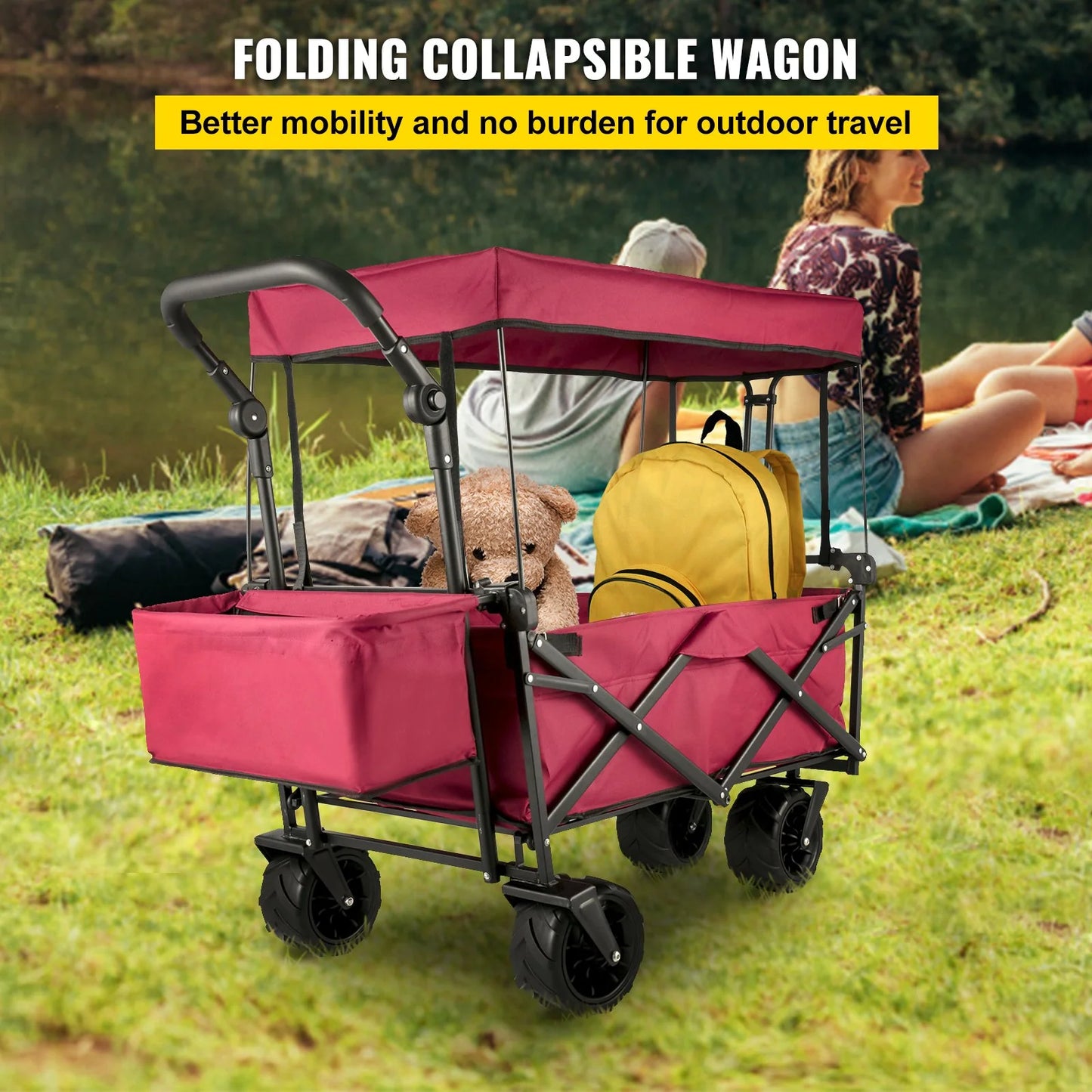 VEVOR Extra Large Collapsible Garden Cart with Removable Canopy and Rear Storage, Versatile Folding Utility Wagon for Gardening, Camping, and Grocery Shopping, Red