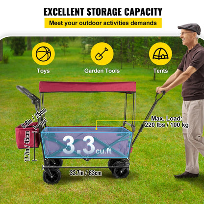 VEVOR Extra Large Collapsible Garden Cart with Removable Canopy and Rear Storage, Versatile Folding Utility Wagon for Gardening, Camping, and Grocery Shopping, Red
