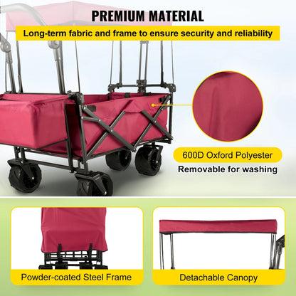 VEVOR Extra Large Collapsible Garden Cart with Removable Canopy and Rear Storage, Versatile Folding Utility Wagon for Gardening, Camping, and Grocery Shopping, Red